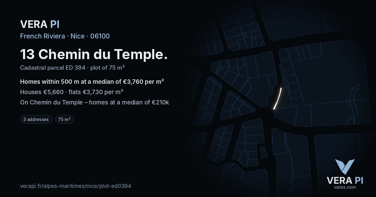 13 Chemin du Temple, Nice at night – the plot lit, the parcels around coloured by the prices near them