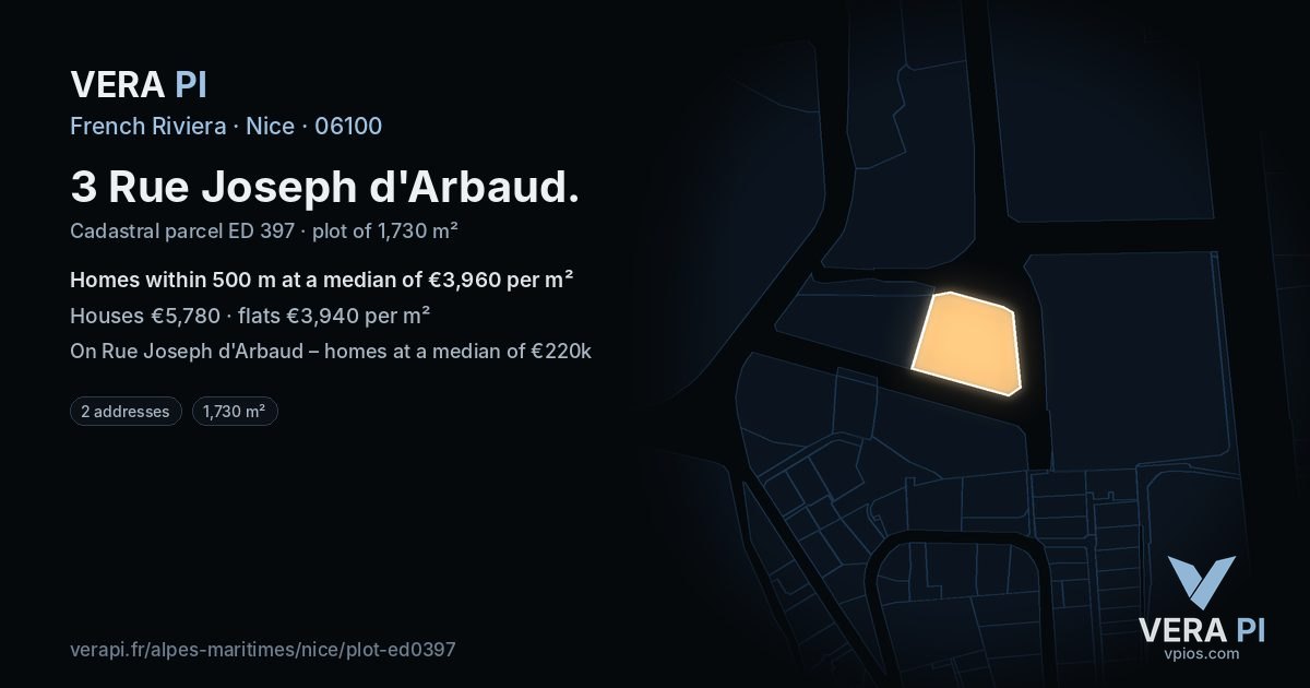 3 Rue Joseph d'Arbaud, Nice at night – the plot lit, the parcels around coloured by the prices near them