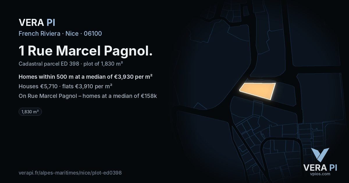 1 Rue Marcel Pagnol, Nice at night – the plot lit, the parcels around coloured by the prices near them