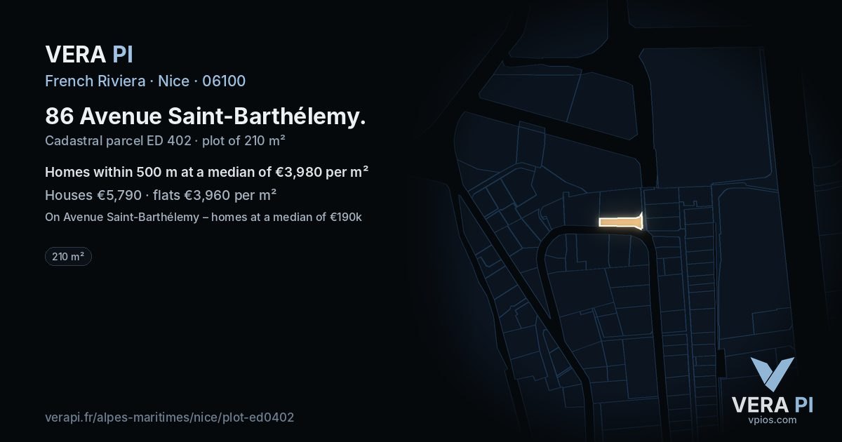 86 Avenue Saint-Barthélemy, Nice at night – the plot lit, the parcels around coloured by the prices near them