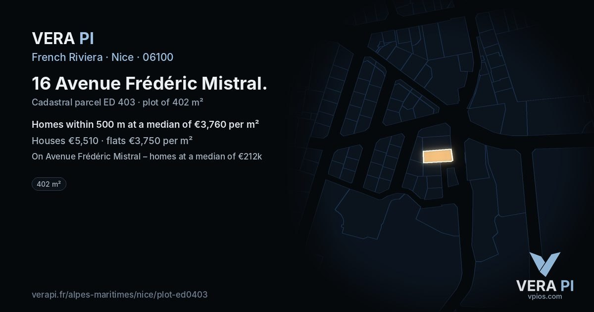 16 Avenue Frédéric Mistral, Nice at night – the plot lit, the parcels around coloured by the prices near them