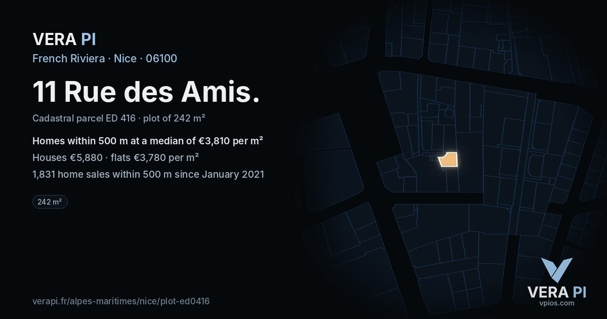 11 Rue des Amis, Nice at night – the plot lit, the parcels around coloured by the prices near them