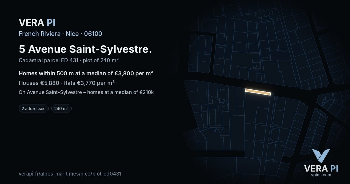 5 Avenue Saint-Sylvestre, Nice at night – the plot lit, the parcels around coloured by the prices near them
