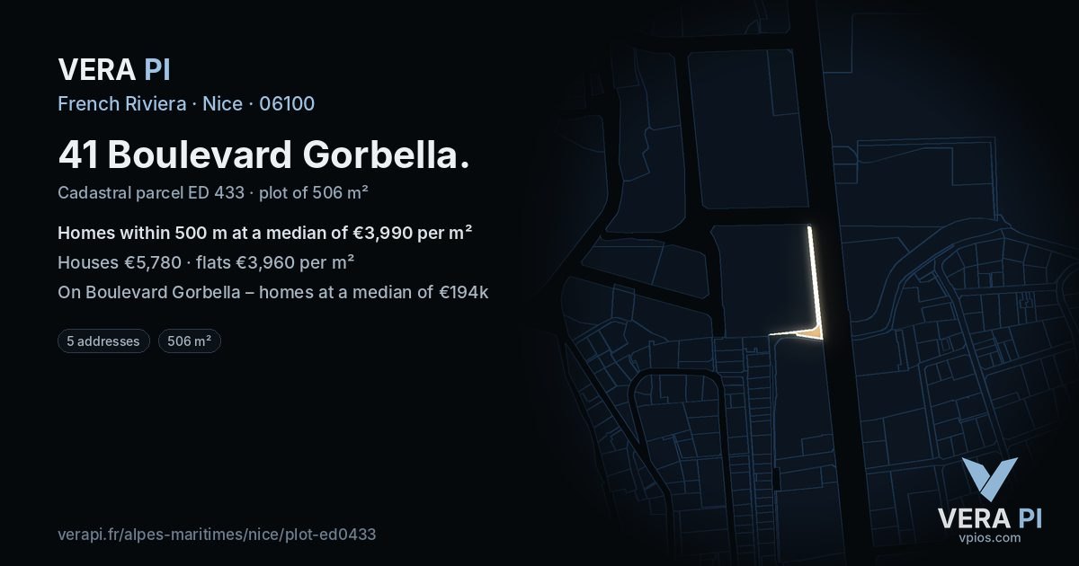 41 Boulevard Gorbella, Nice at night – the plot lit, the parcels around coloured by the prices near them