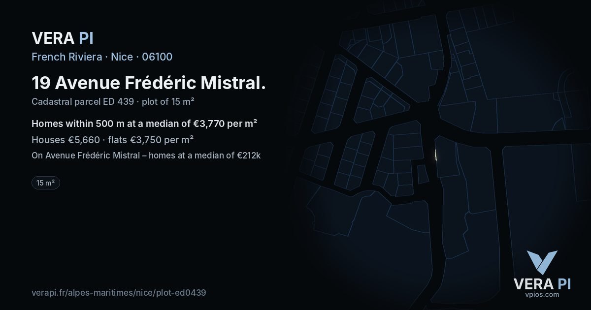 19 Avenue Frédéric Mistral, Nice at night – the plot lit, the parcels around coloured by the prices near them