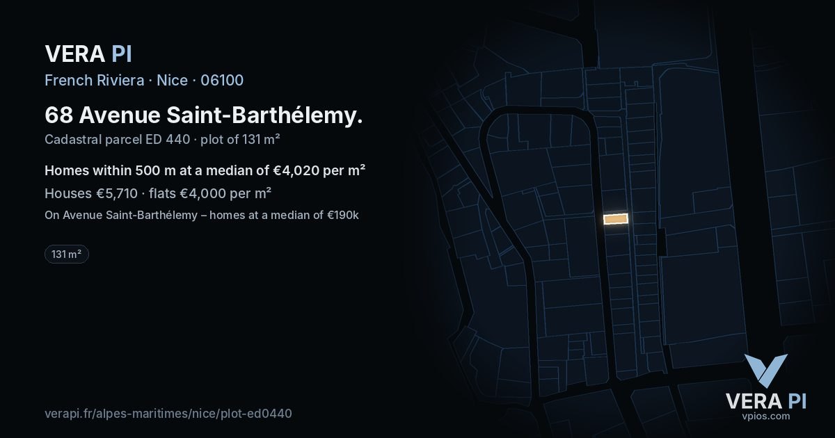 68 Avenue Saint-Barthélemy, Nice at night – the plot lit, the parcels around coloured by the prices near them