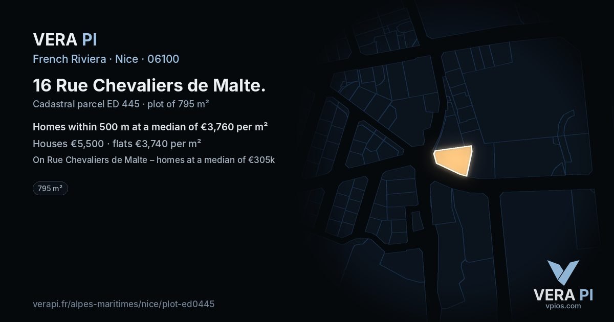 16 Rue Chevaliers de Malte, Nice at night – the plot lit, the parcels around coloured by the prices near them