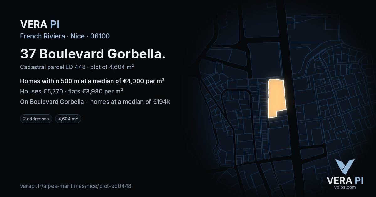 37 Boulevard Gorbella, Nice at night – the plot lit, the parcels around coloured by the prices near them