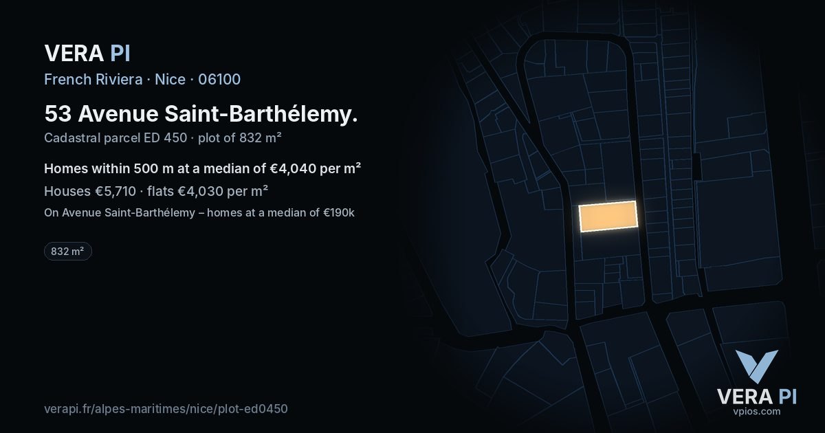 53 Avenue Saint-Barthélemy, Nice at night – the plot lit, the parcels around coloured by the prices near them