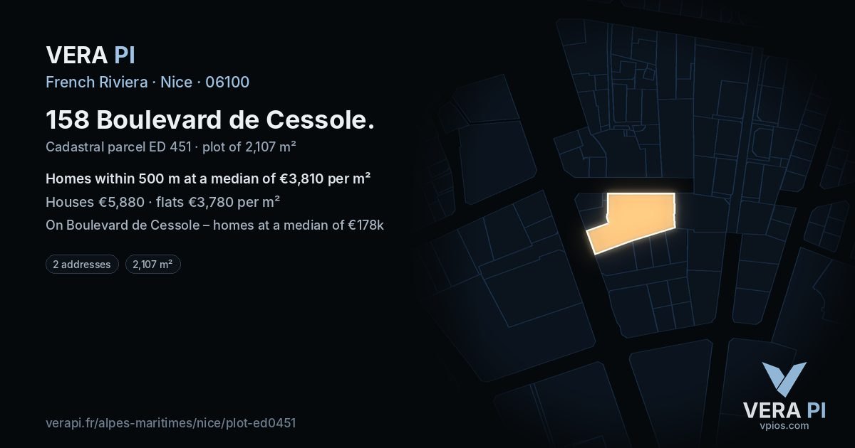 158 Boulevard de Cessole, Nice at night – the plot lit, the parcels around coloured by the prices near them