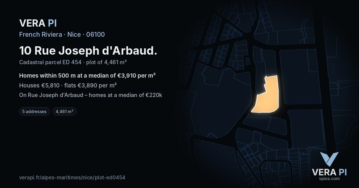 10 Rue Joseph d'Arbaud, Nice at night – the plot lit, the parcels around coloured by the prices near them