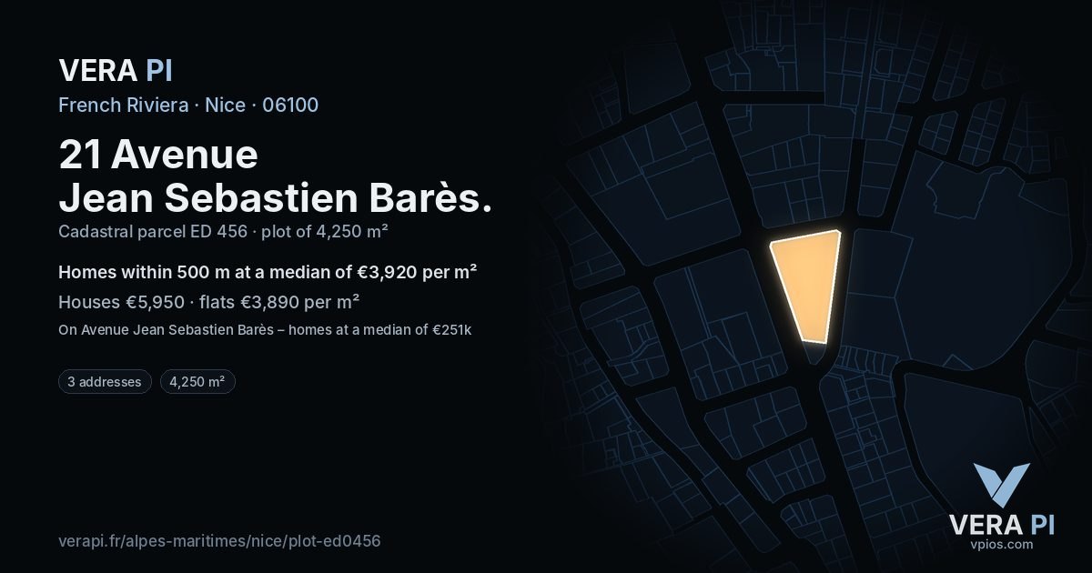 21 Avenue Jean Sebastien Barès, Nice at night – the plot lit, the parcels around coloured by the prices near them
