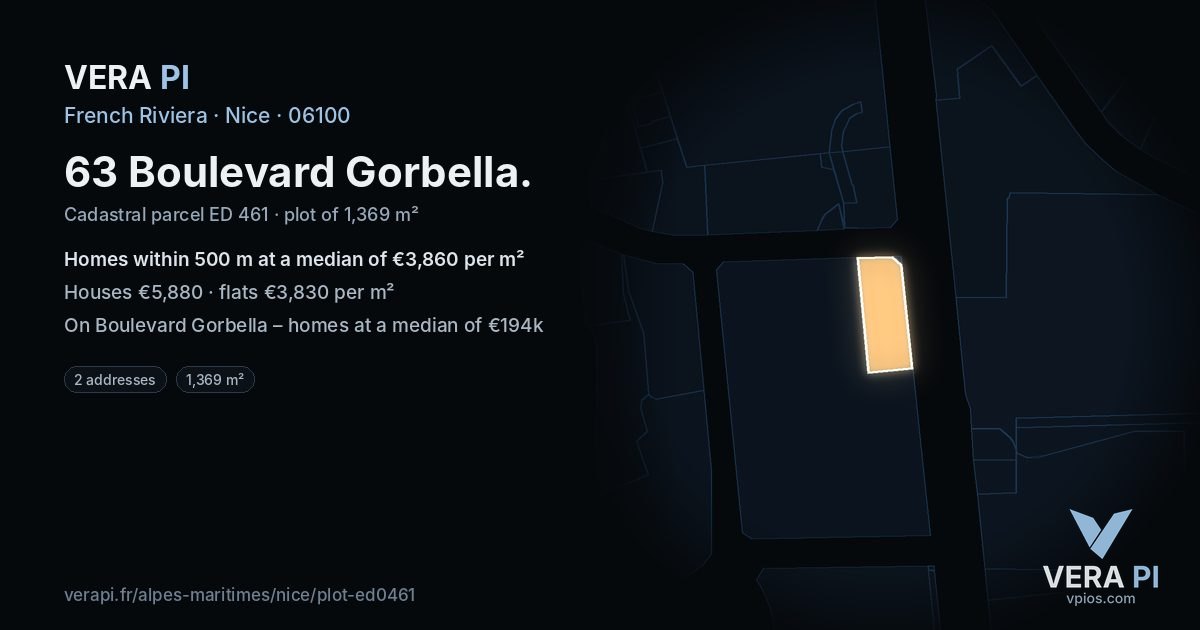 63 Boulevard Gorbella, Nice at night – the plot lit, the parcels around coloured by the prices near them