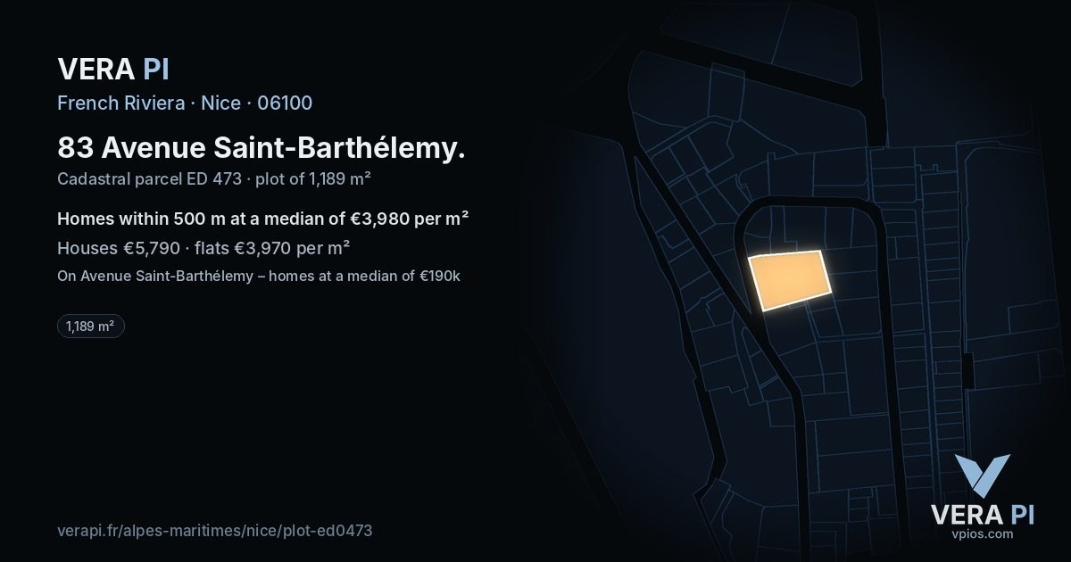 83 Avenue Saint-Barthélemy, Nice at night – the plot lit, the parcels around coloured by the prices near them