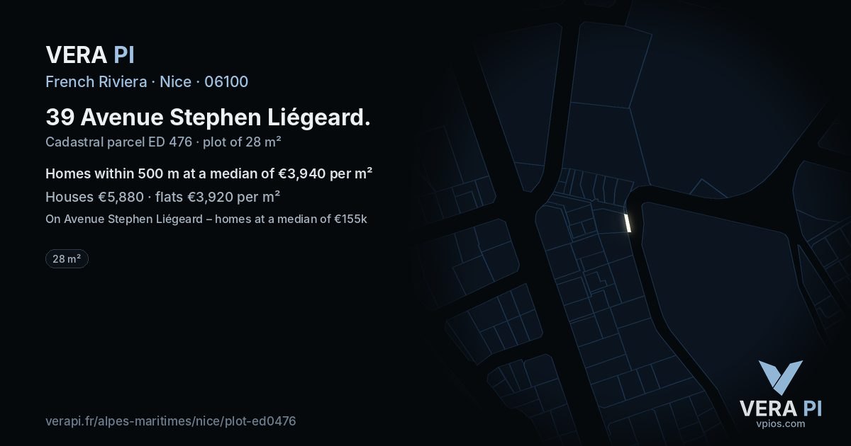 39 Avenue Stephen Liégeard, Nice at night – the plot lit, the parcels around coloured by the prices near them