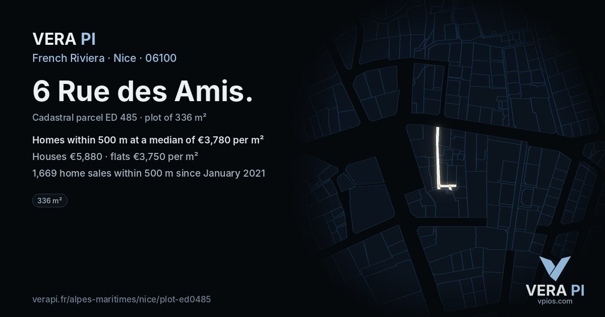 6 Rue des Amis, Nice at night – the plot lit, the parcels around coloured by the prices near them