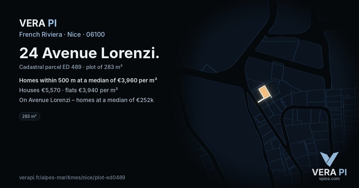 24 Avenue Lorenzi, Nice at night – the plot lit, the parcels around coloured by the prices near them