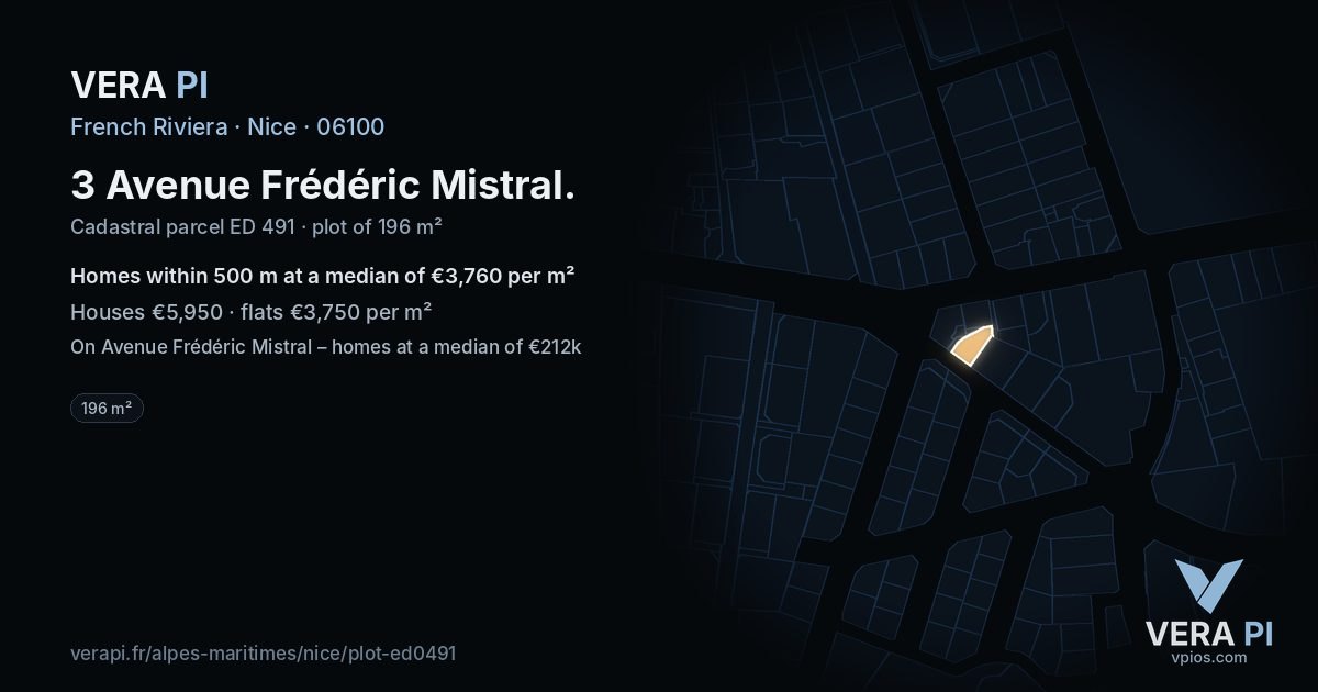 3 Avenue Frédéric Mistral, Nice at night – the plot lit, the parcels around coloured by the prices near them