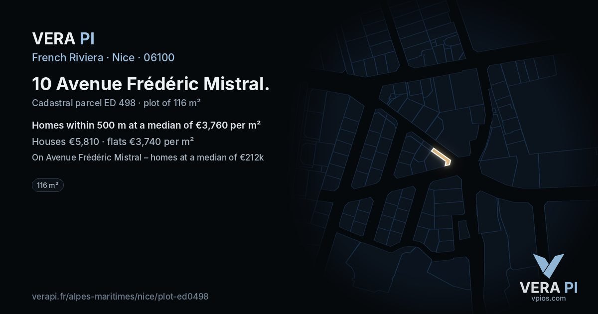 10 Avenue Frédéric Mistral, Nice at night – the plot lit, the parcels around coloured by the prices near them