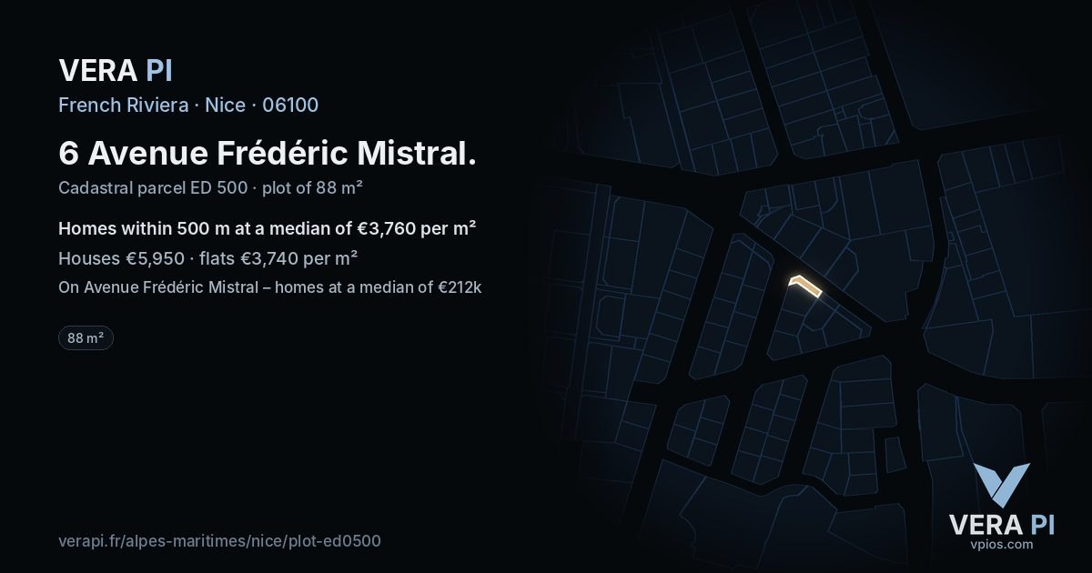 6 Avenue Frédéric Mistral, Nice at night – the plot lit, the parcels around coloured by the prices near them