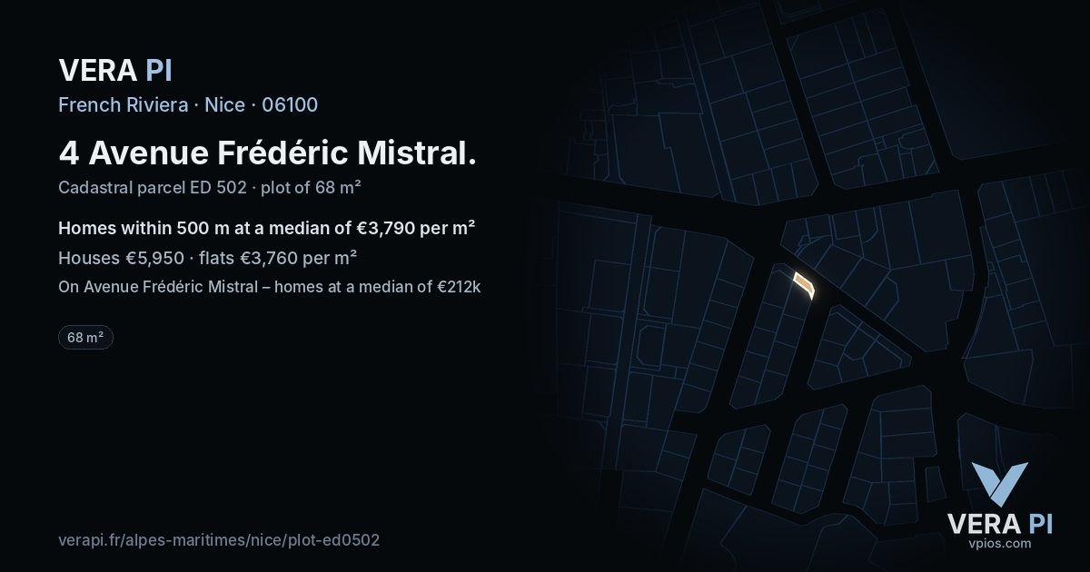 4 Avenue Frédéric Mistral, Nice at night – the plot lit, the parcels around coloured by the prices near them