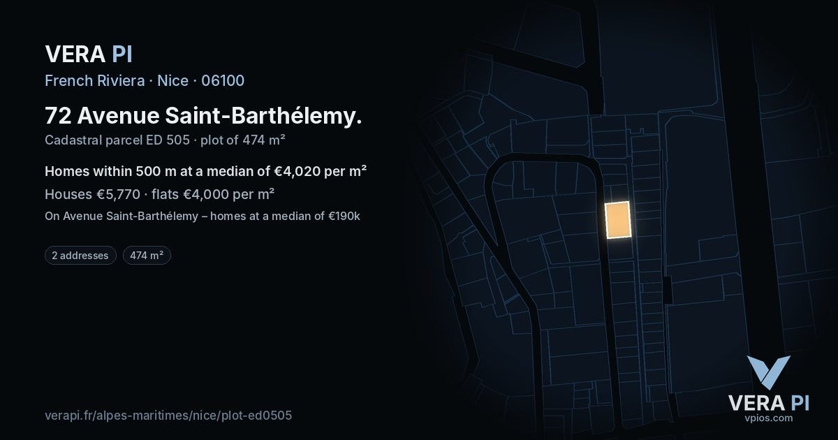 72 Avenue Saint-Barthélemy, Nice at night – the plot lit, the parcels around coloured by the prices near them