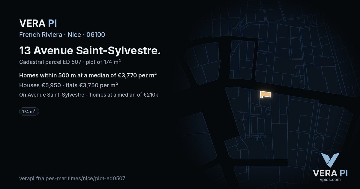 13 Avenue Saint-Sylvestre, Nice at night – the plot lit, the parcels around coloured by the prices near them