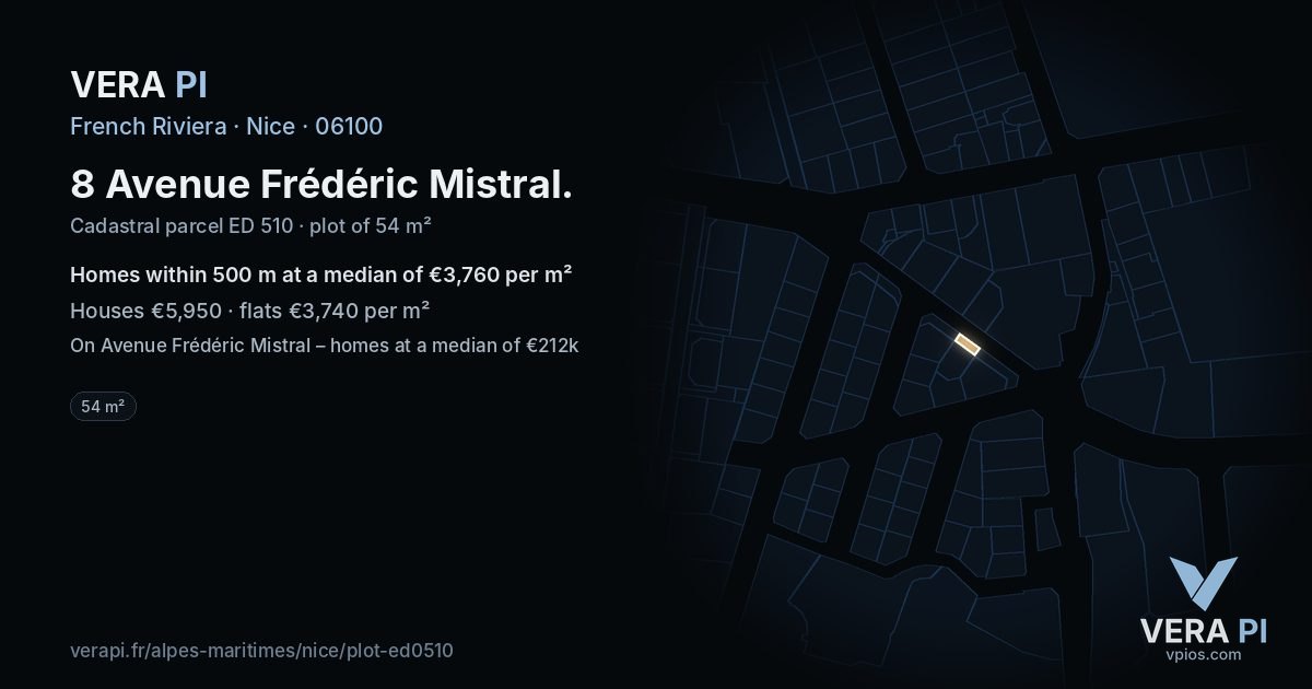 8 Avenue Frédéric Mistral, Nice at night – the plot lit, the parcels around coloured by the prices near them