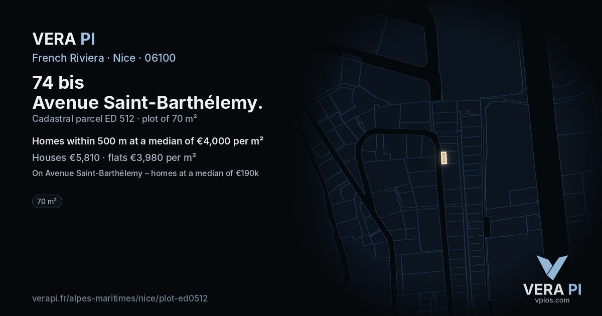 74 bis Avenue Saint-Barthélemy, Nice at night – the plot lit, the parcels around coloured by the prices near them