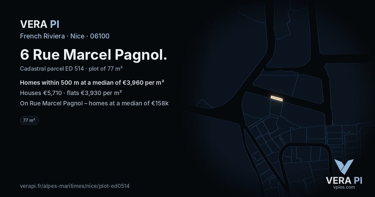 6 Rue Marcel Pagnol, Nice at night – the plot lit, the parcels around coloured by the prices near them