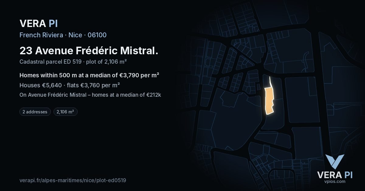23 Avenue Frédéric Mistral, Nice at night – the plot lit, the parcels around coloured by the prices near them