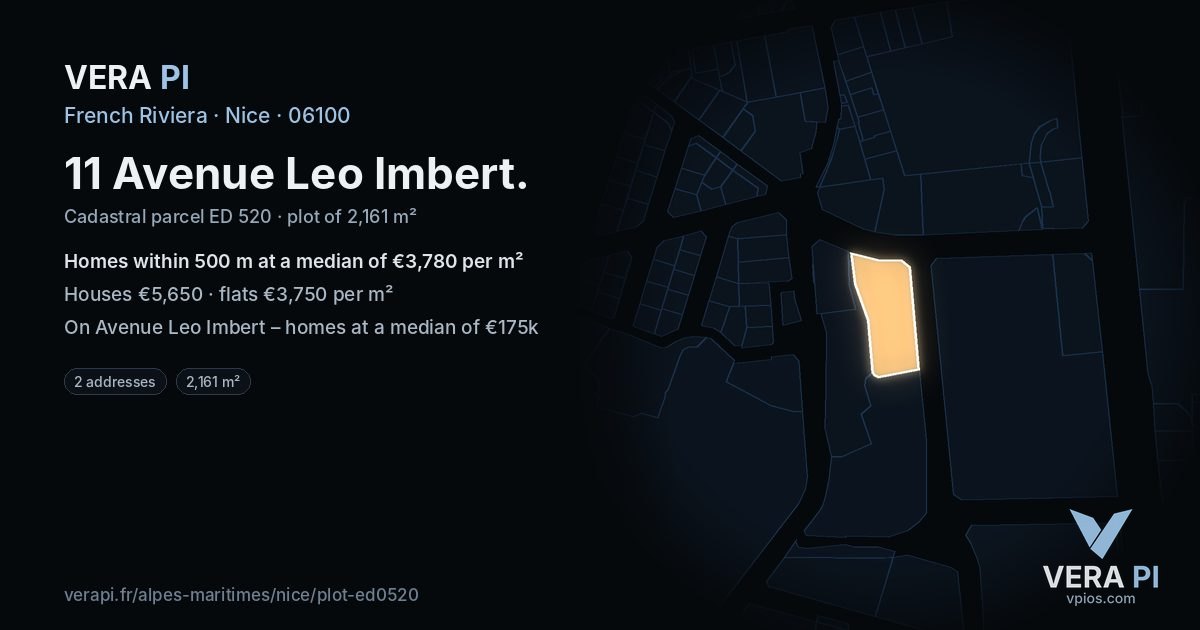 11 Avenue Leo Imbert, Nice at night – the plot lit, the parcels around coloured by the prices near them