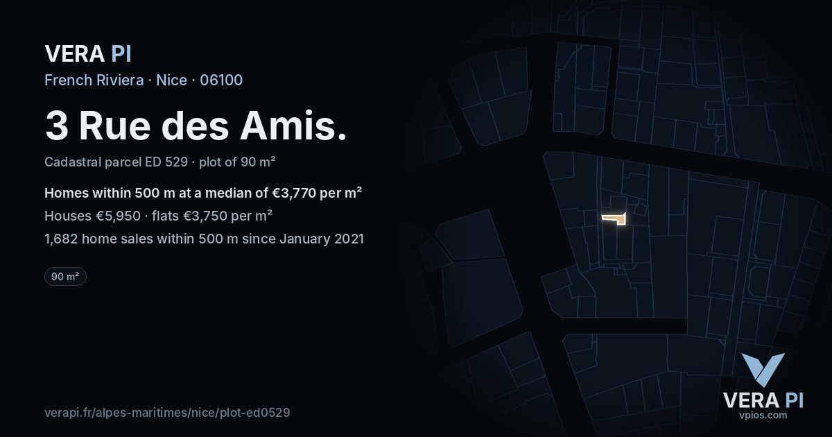 3 Rue des Amis, Nice at night – the plot lit, the parcels around coloured by the prices near them