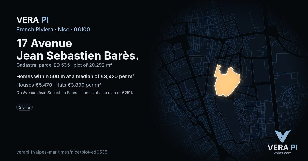17 Avenue Jean Sebastien Barès, Nice at night – the plot lit, the parcels around coloured by the prices near them