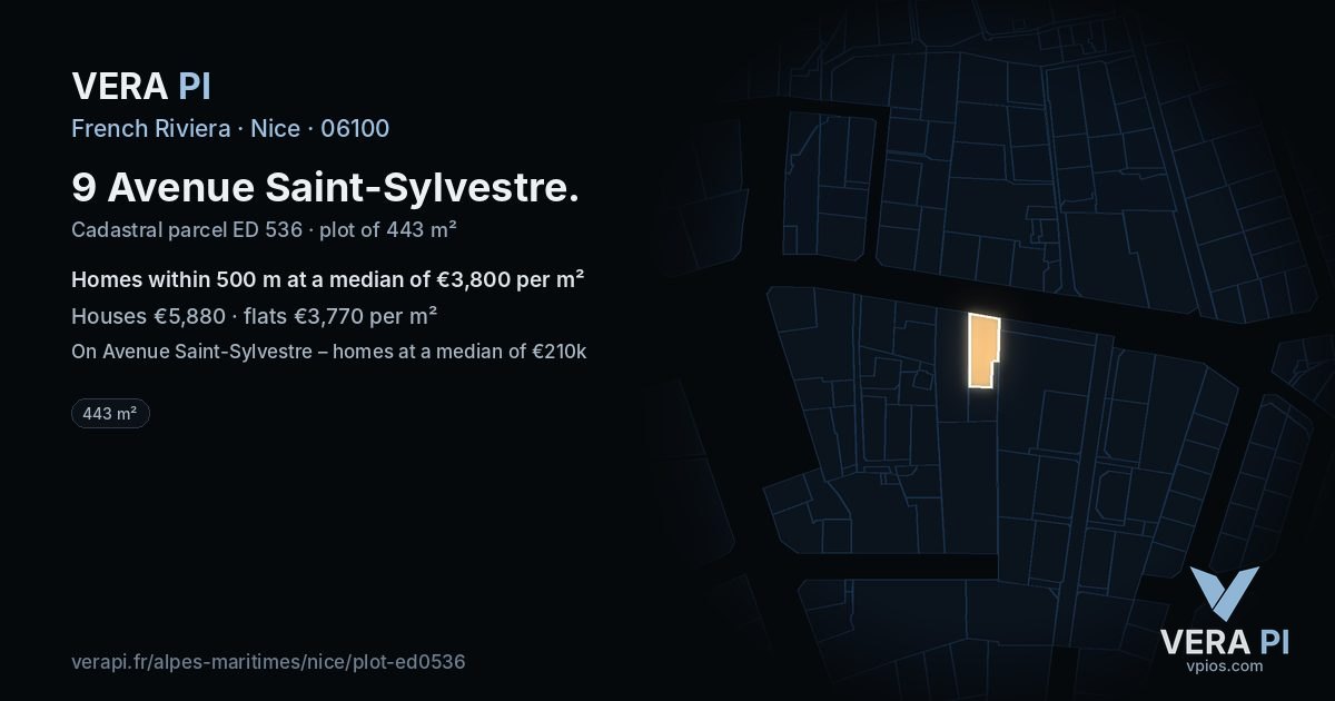 9 Avenue Saint-Sylvestre, Nice at night – the plot lit, the parcels around coloured by the prices near them