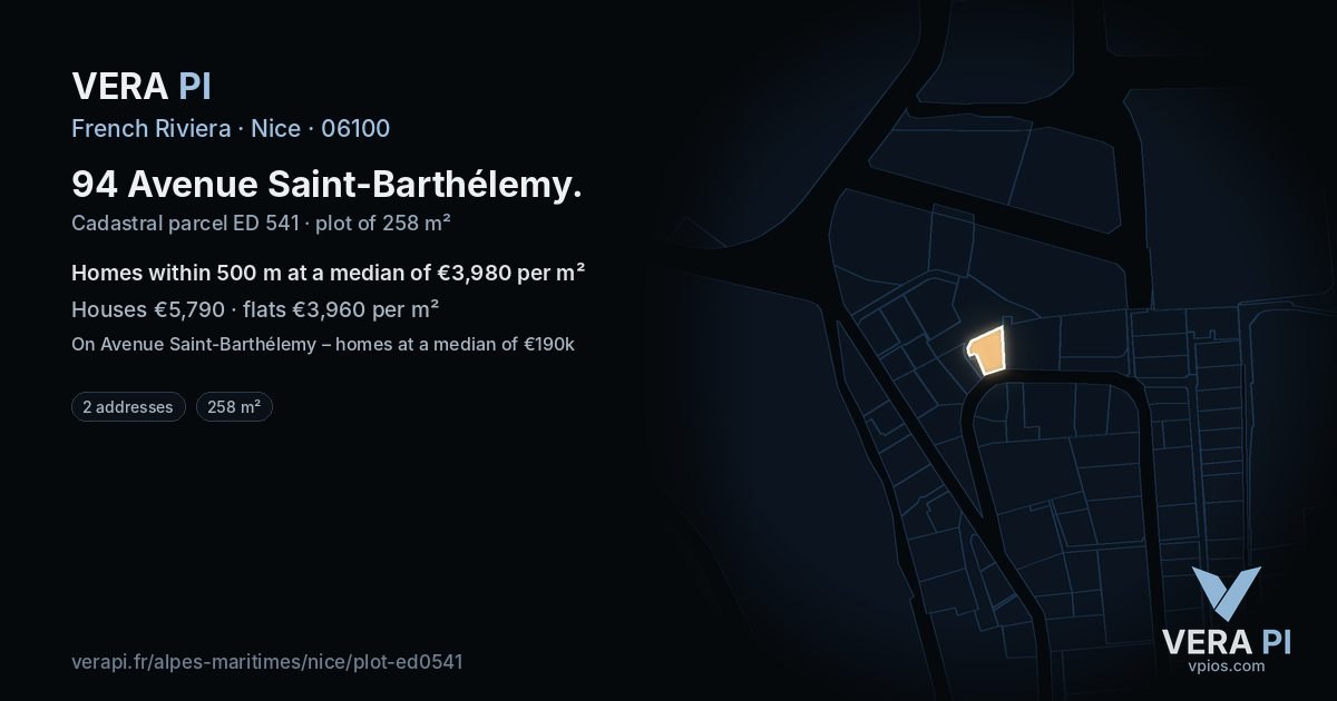 94 Avenue Saint-Barthélemy, Nice at night – the plot lit, the parcels around coloured by the prices near them