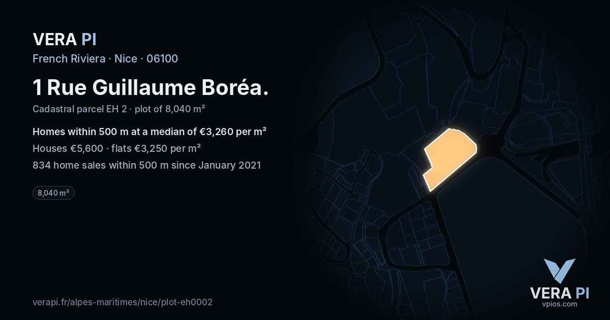 1 Rue Guillaume Boréa, Nice at night – the plot lit, the parcels around coloured by the prices near them