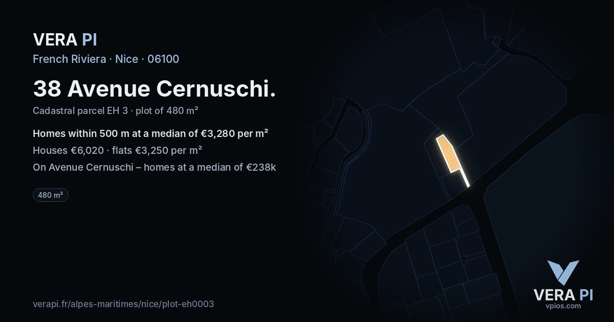 38 Avenue Cernuschi, Nice at night – the plot lit, the parcels around coloured by the prices near them
