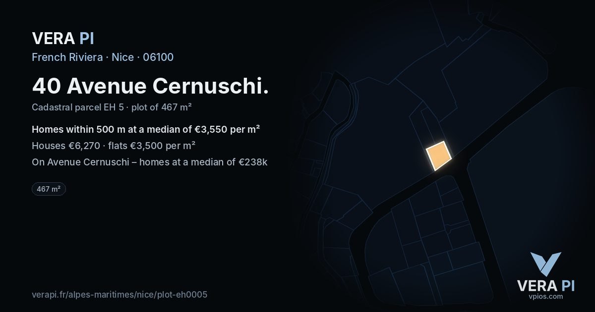 40 Avenue Cernuschi, Nice at night – the plot lit, the parcels around coloured by the prices near them