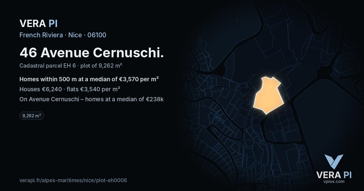 46 Avenue Cernuschi, Nice at night – the plot lit, the parcels around coloured by the prices near them
