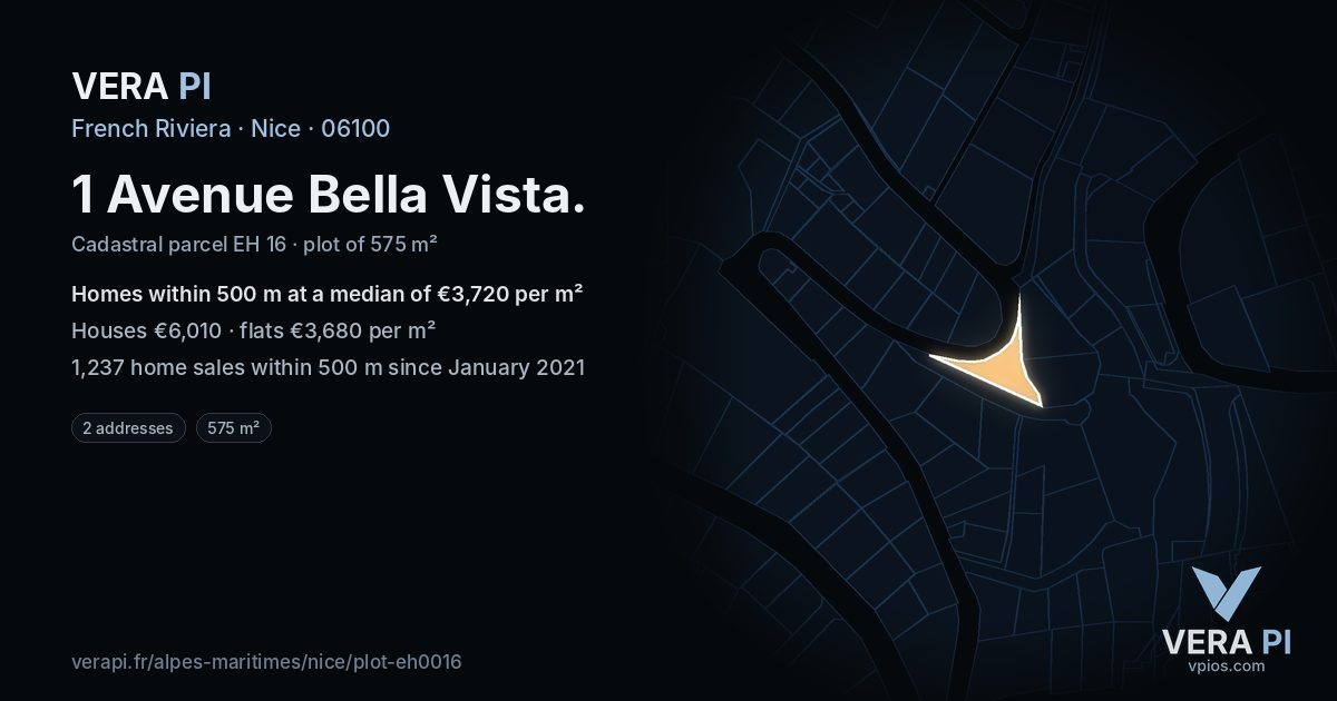 1 Avenue Bella Vista, Nice at night – the plot lit, the parcels around coloured by the prices near them