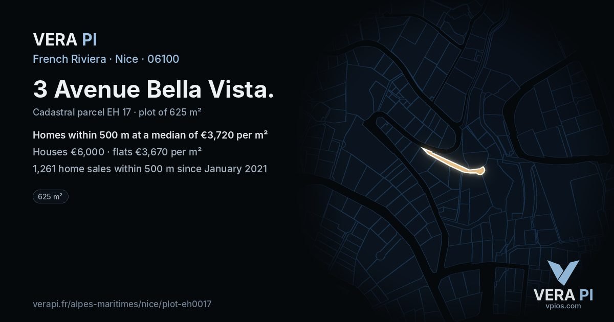3 Avenue Bella Vista, Nice at night – the plot lit, the parcels around coloured by the prices near them