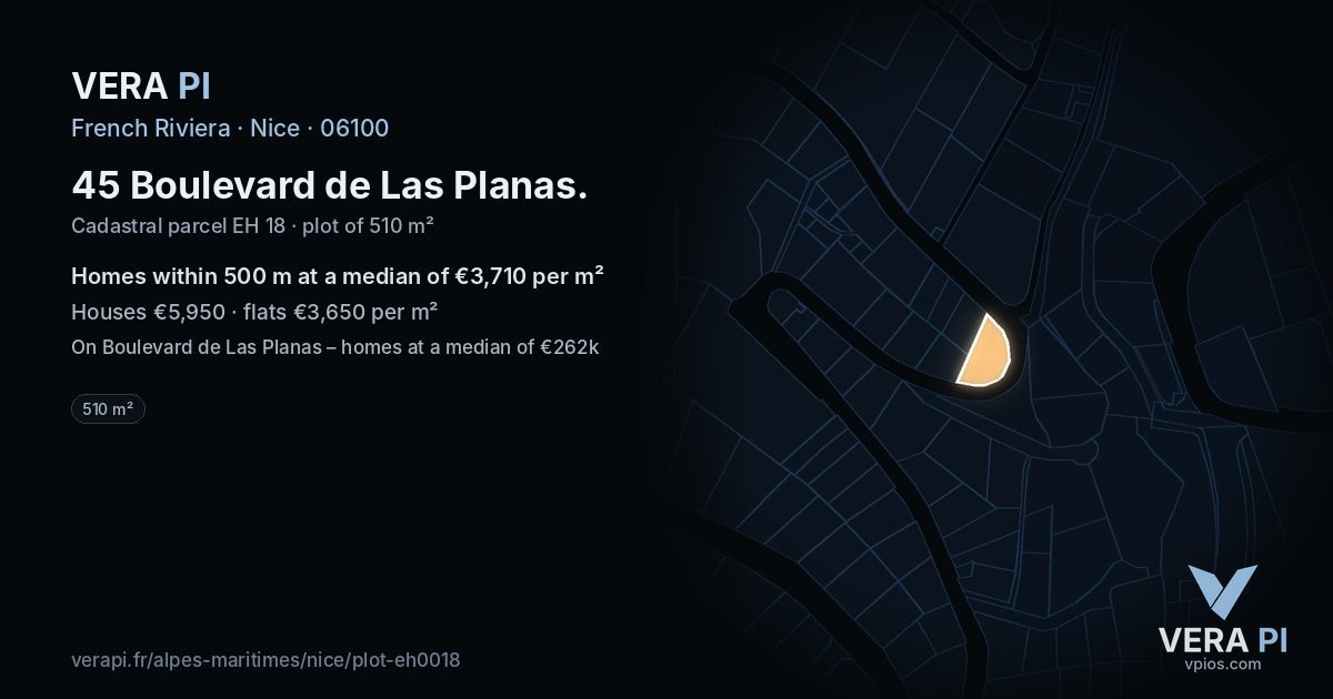 45 Boulevard de Las Planas, Nice at night – the plot lit, the parcels around coloured by the prices near them
