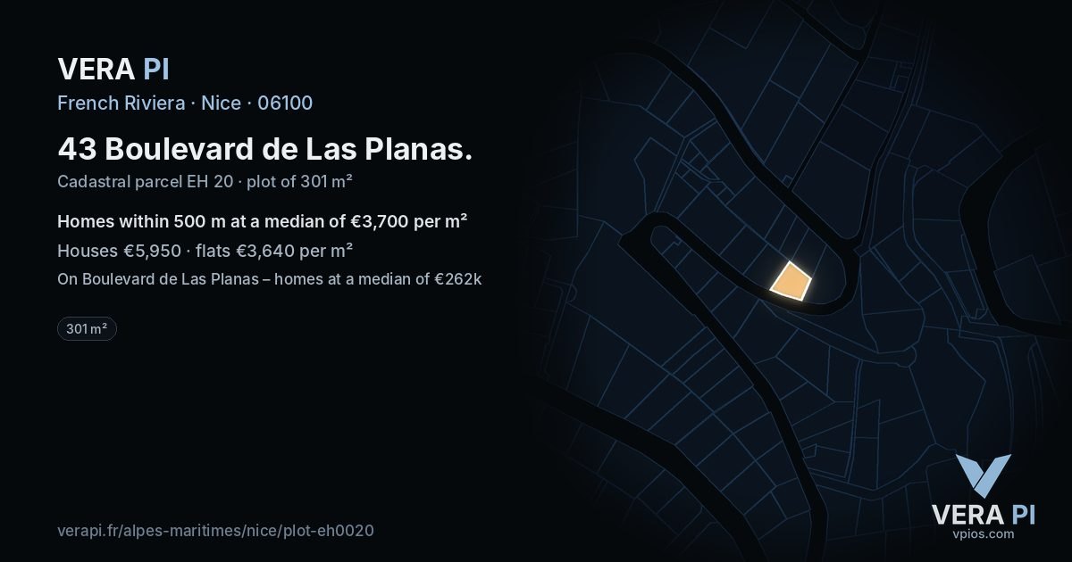 43 Boulevard de Las Planas, Nice at night – the plot lit, the parcels around coloured by the prices near them