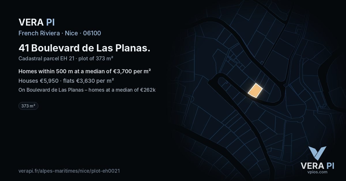 41 Boulevard de Las Planas, Nice at night – the plot lit, the parcels around coloured by the prices near them
