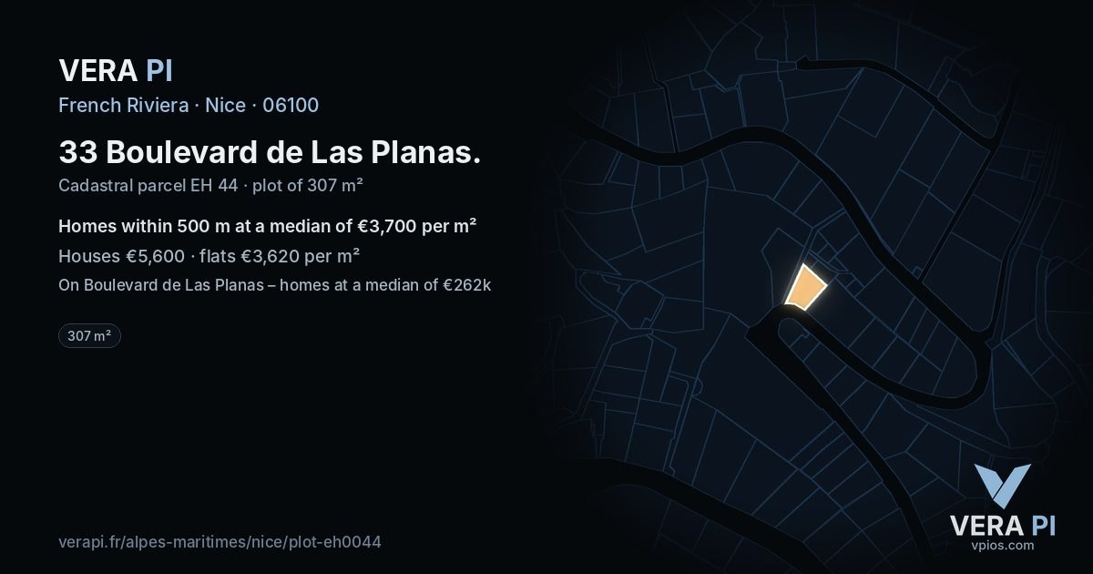 33 Boulevard de Las Planas, Nice at night – the plot lit, the parcels around coloured by the prices near them