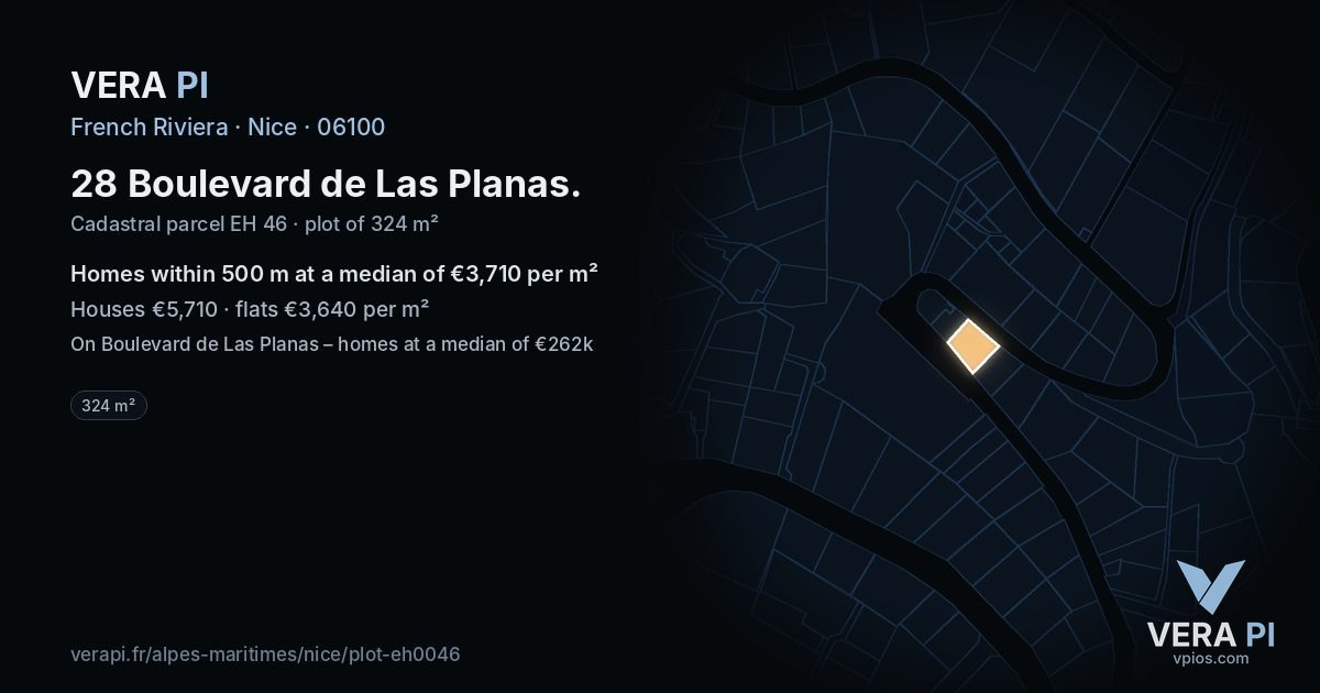 28 Boulevard de Las Planas, Nice at night – the plot lit, the parcels around coloured by the prices near them