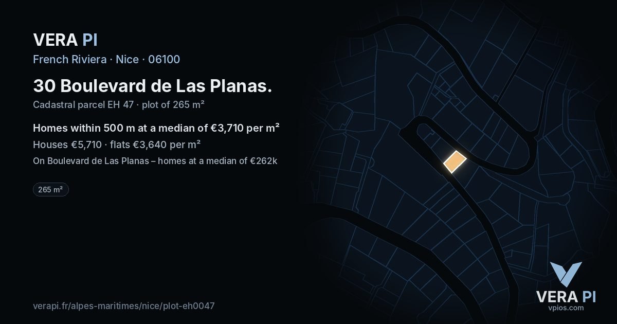 30 Boulevard de Las Planas, Nice at night – the plot lit, the parcels around coloured by the prices near them