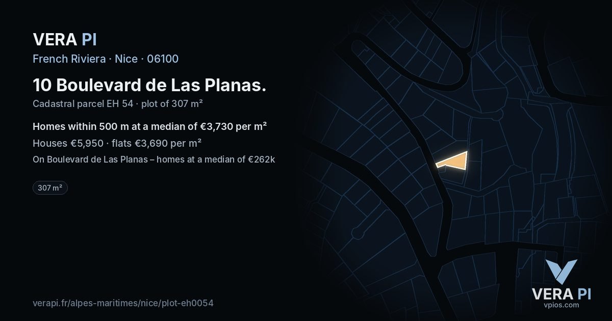 10 Boulevard de Las Planas, Nice at night – the plot lit, the parcels around coloured by the prices near them