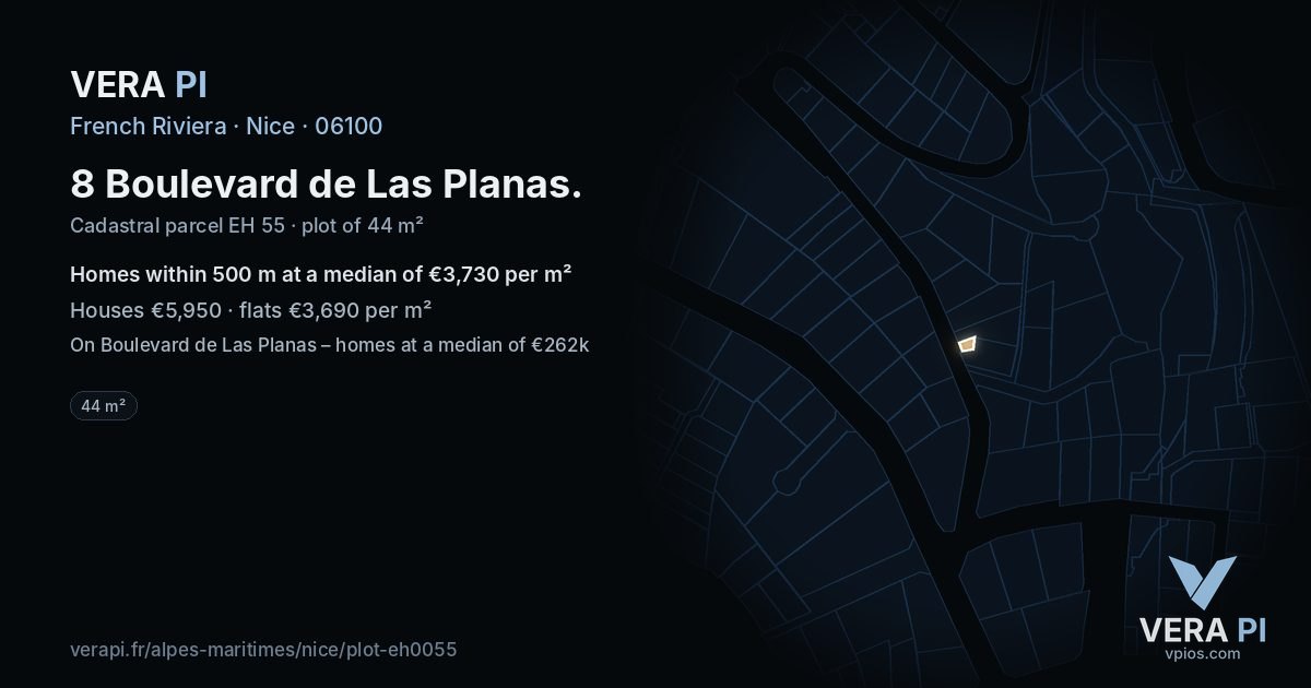 8 Boulevard de Las Planas, Nice at night – the plot lit, the parcels around coloured by the prices near them